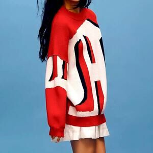 NWT $178 ANTHROPOLOGIE Maeve graphic monogram sweater oversize XS red cr…